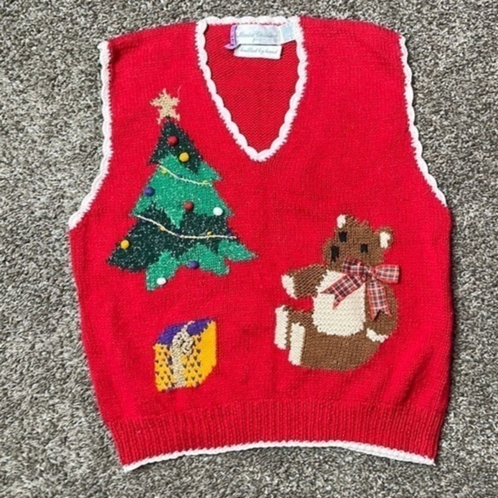Vintage Marisa Christina Handknit Vest Christmas Tree Bear size Medium